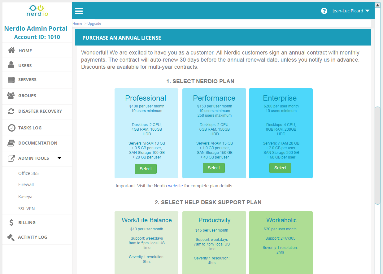 Select Nerdio plan and support plan