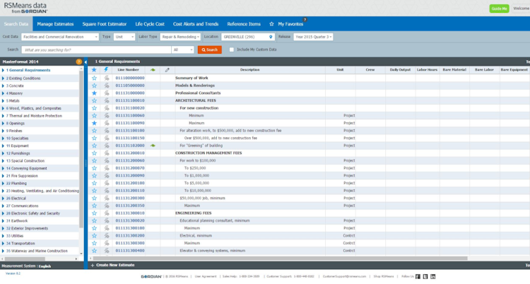 RSMeans Data Online screenshot: The enhanced search functionality allows users to search for specific numbers within the database