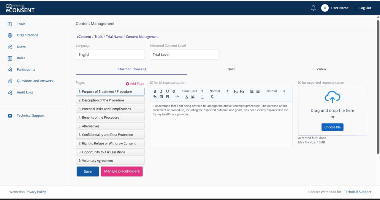 oomnia eConsent screenshot: oomnia eConsent content management