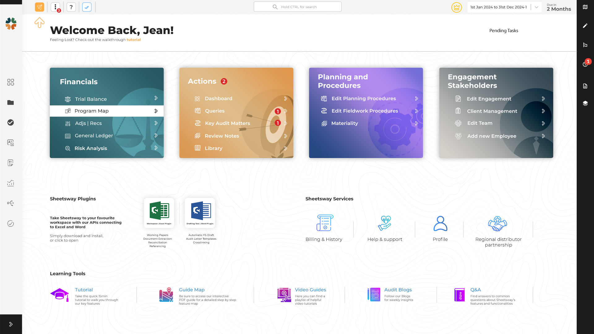 Sheetsway screenshot: The main navigation dashboard of Sheetsway, giving users quick access to audit engagements, procedures, client portals, and reporting tools. Designed for ease-of-use and structured audit workflow management.

