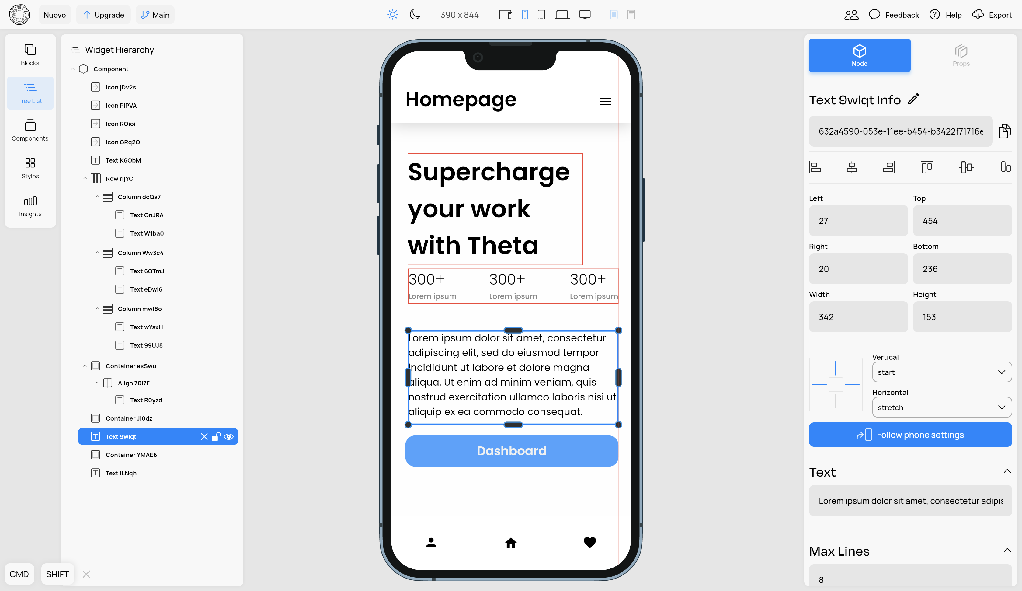 Theta screenshot: Theta tree view and settings panel