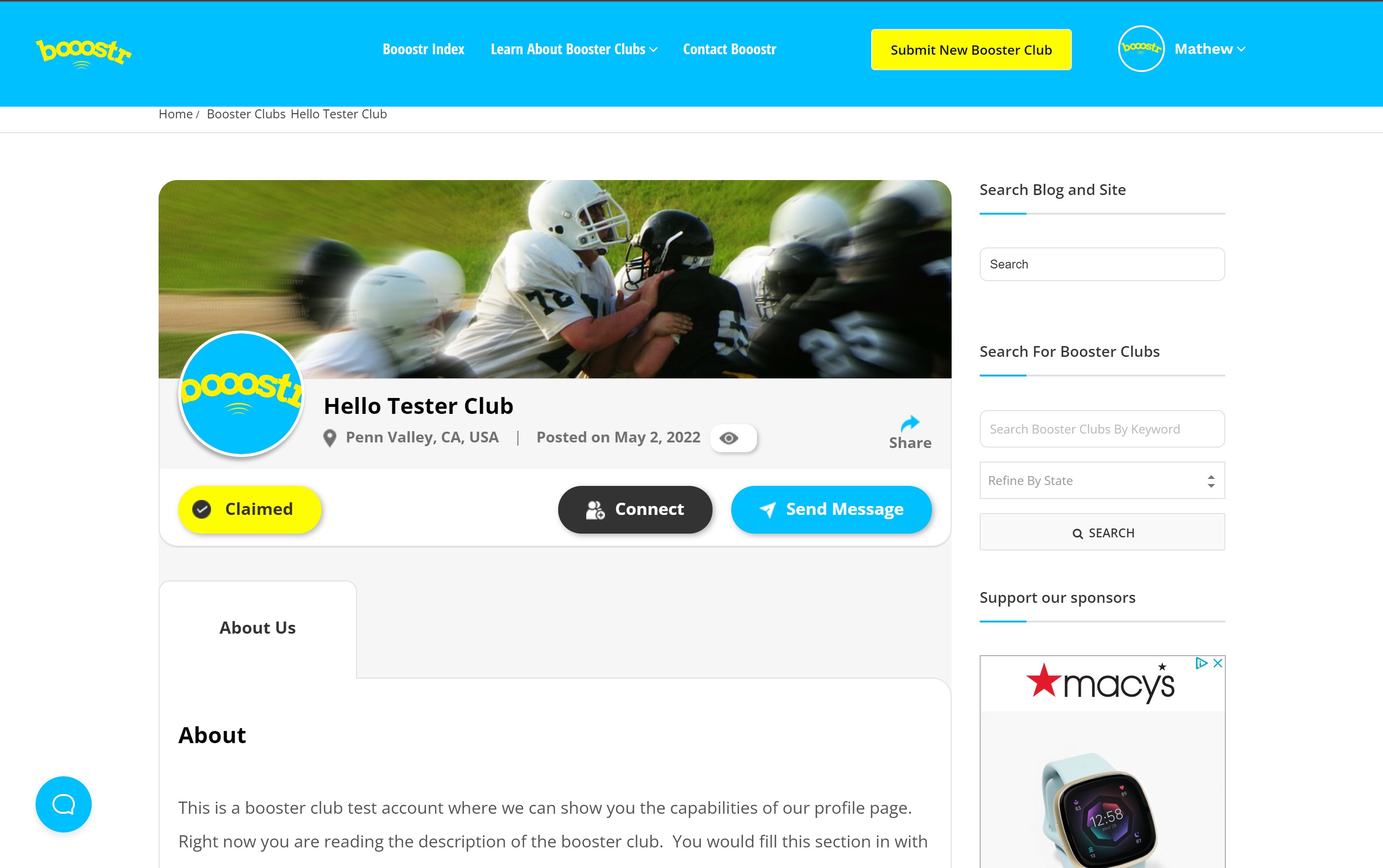 Booster club and/or nonprofit public profile page on Booostr.