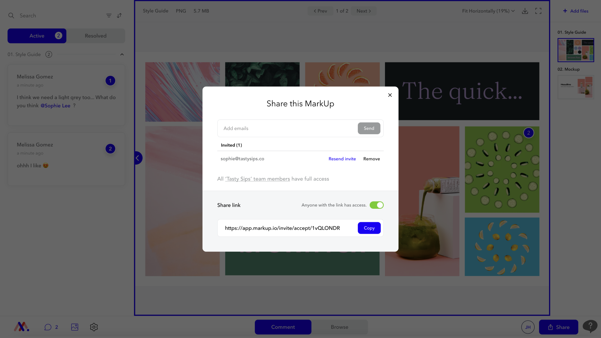 MarkUp.io invite modal. Invite teammates and guest reviewers using their emails, or just share the link to the MarkUp for easy access, no registration required.