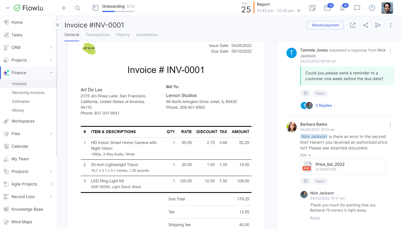 Flowlu Software - Flowlu invoicing and estimating within on unified platform