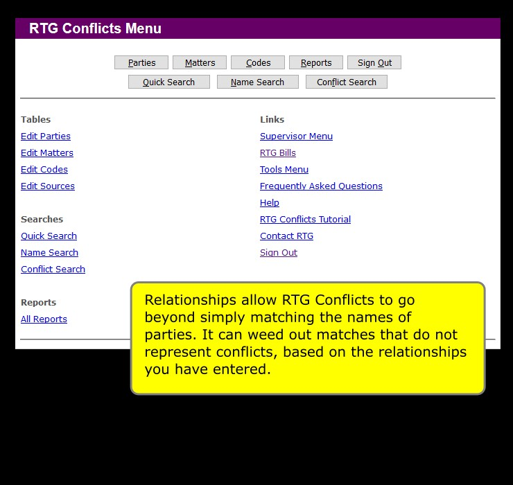 RTG Conflicts menu