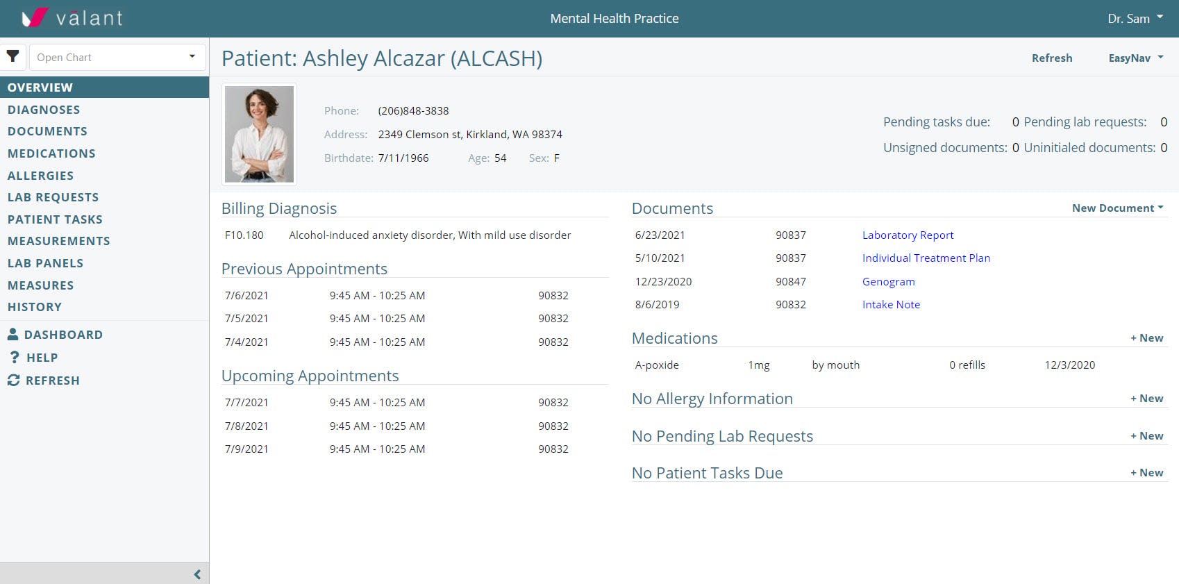 Valant EHR Suite Software - Get all the pertinent patient information in one screen, including demographic data, billing information, previous and upcoming appointments, medication, lab,  and allergy information, and more.