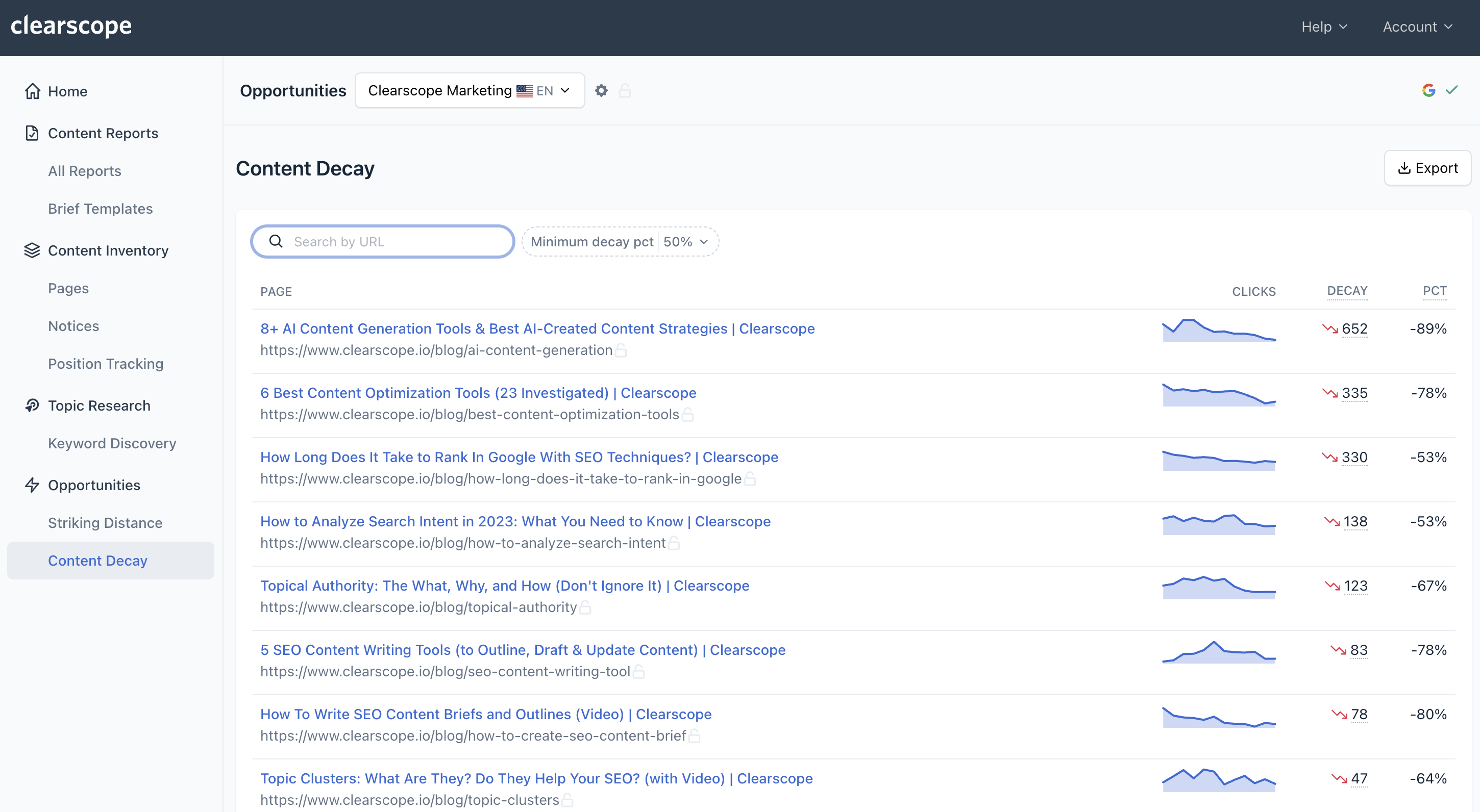 Clearscope Software - Clearscope's Opportunities Reports surface SEO insights like Content Decay, Striking Distance keywords, and more.