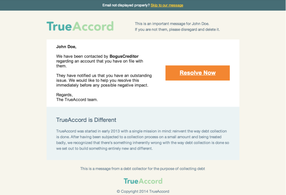 TrueAccord screenshot: TrueAccord message from debt collector