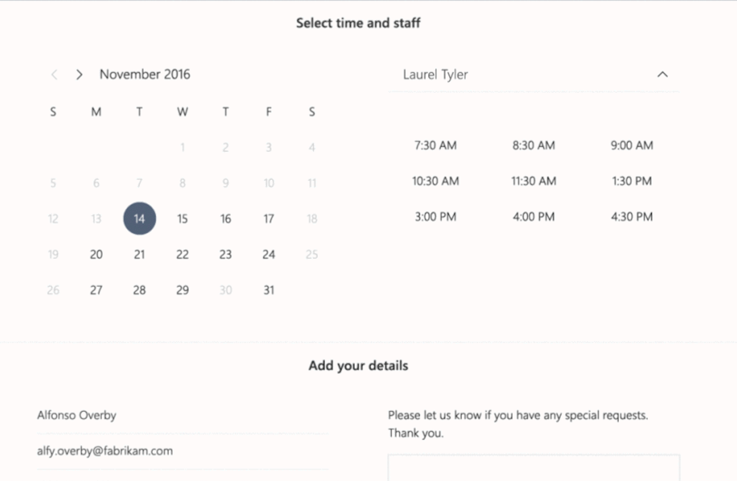 Microsoft Bookings date and staff selection