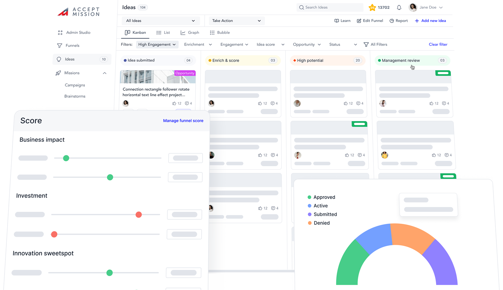 Idea Management: Utilize AI and visual tools to enrich, prioritize, and select ideas, turning your kanban into a structured flow that drives tangible business value.