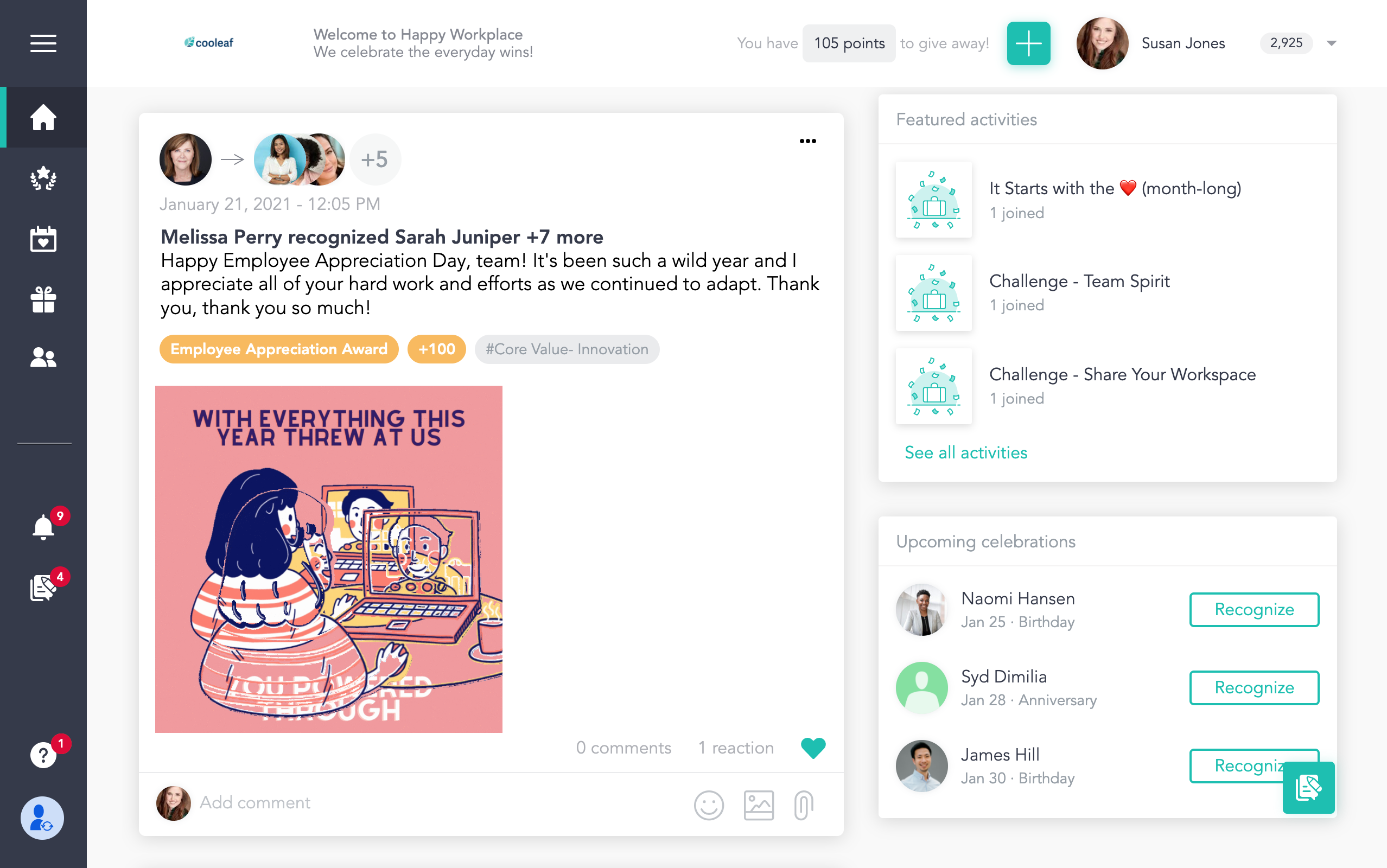Cooleaf screenshot: Cooleaf Life Recognition Feed - Social intranet to connect employees