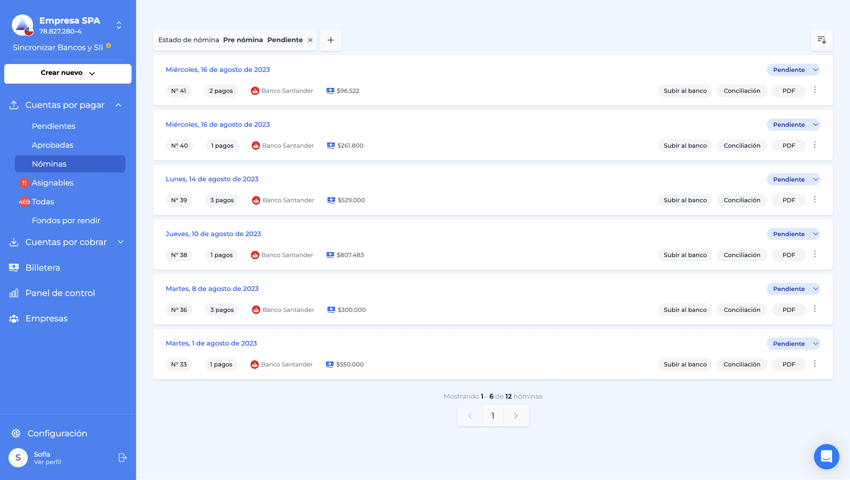 Bemmbo screenshot: View showing scheduled payments.