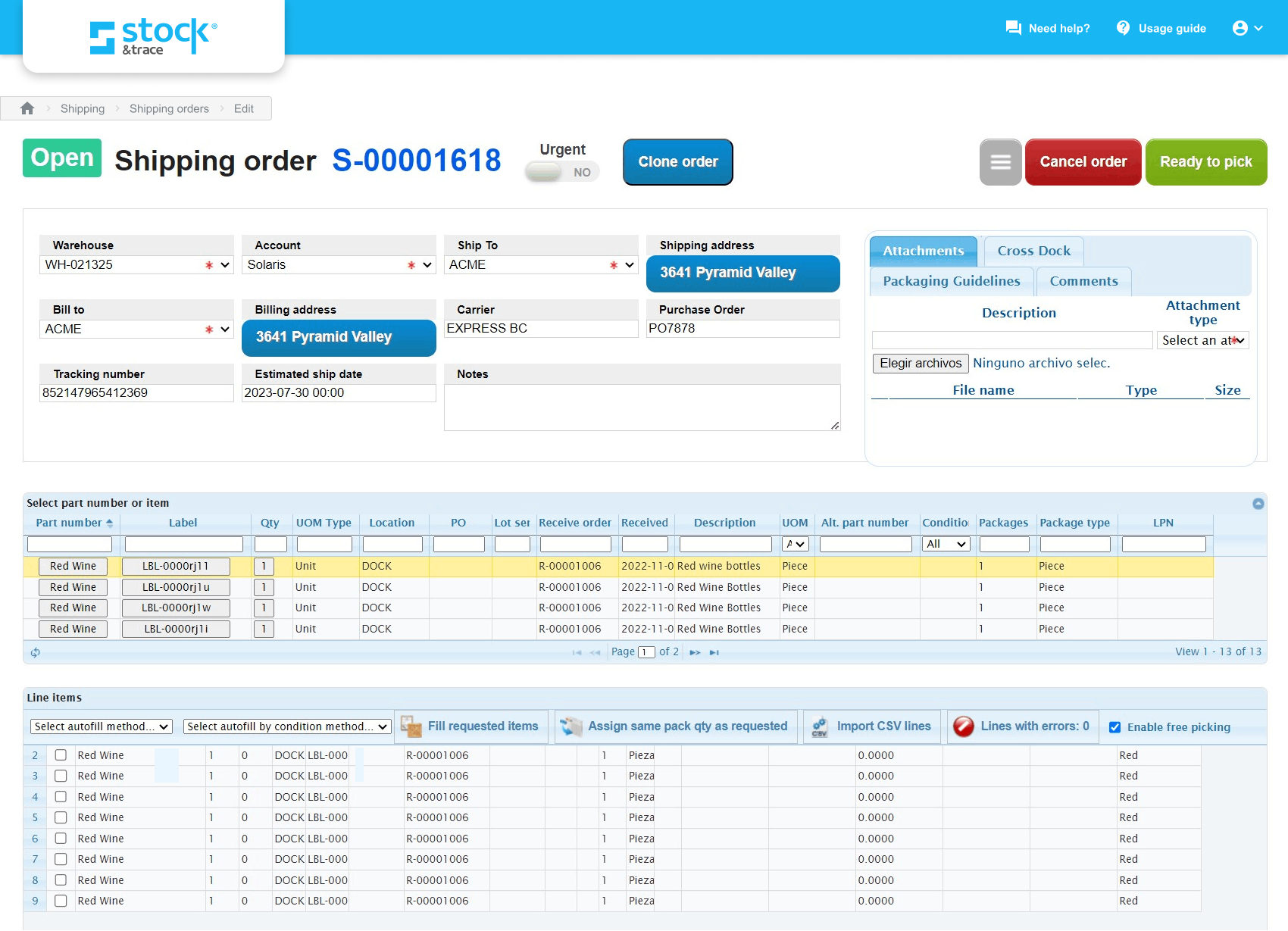 Stock & Trace screenshot: Shipping Order Management