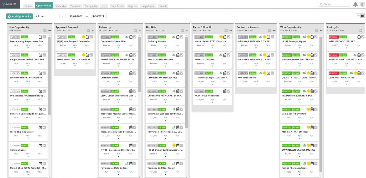 Visual Sales Pipeline Board to Manage Bid Activity; Visualize all your bids, opportunities, projects, or leads by stage; Customize stages to fit your sales and bidding process; Each sales rep, estimator, or exec can customize the view of their pipeline