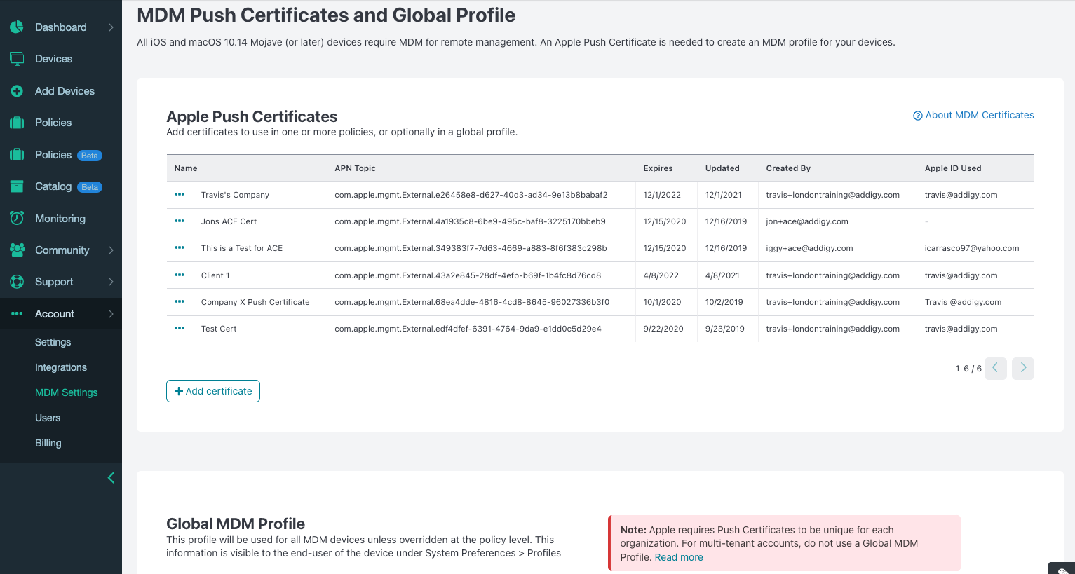 Addigy Software - Manage multiple Apple Push Certificates in a single environment.