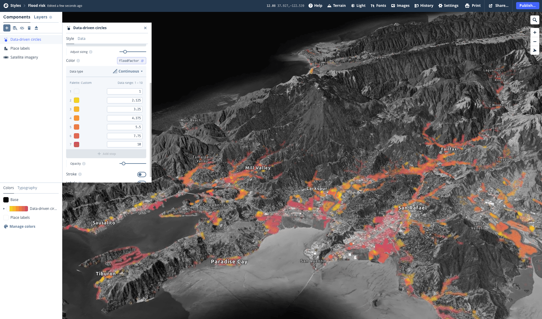 Visualize big data spatially, with total design control and stand-out features including 3D terrain and 3D buildings.
