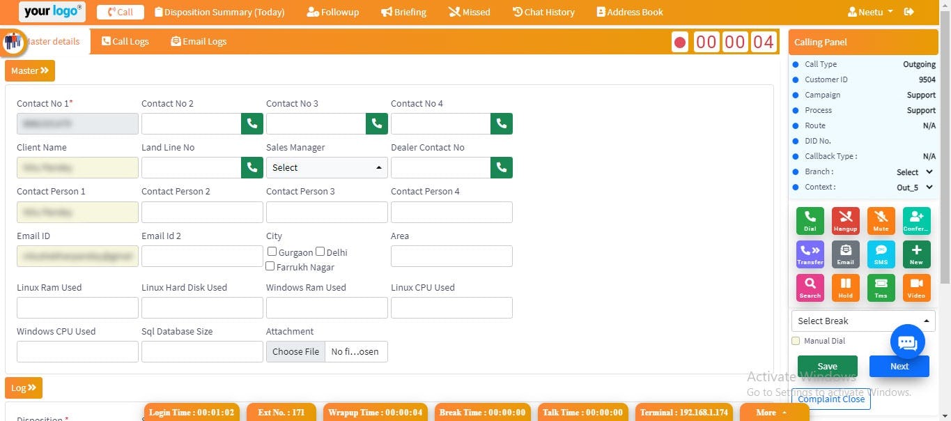 SanCCS Software - Agent Calling screen with multiple options like hangup, chat, Ticket Generation etc.