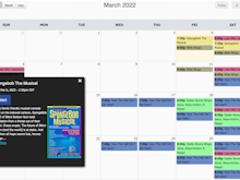 ThunderTix Software - Calendar view - displayed with options by month, week or day. Events can be color-coded for clarity.