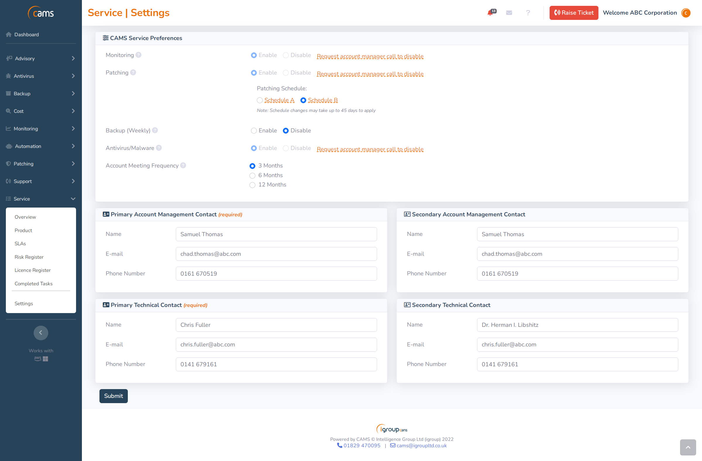 CAMS Software - Service Settings
