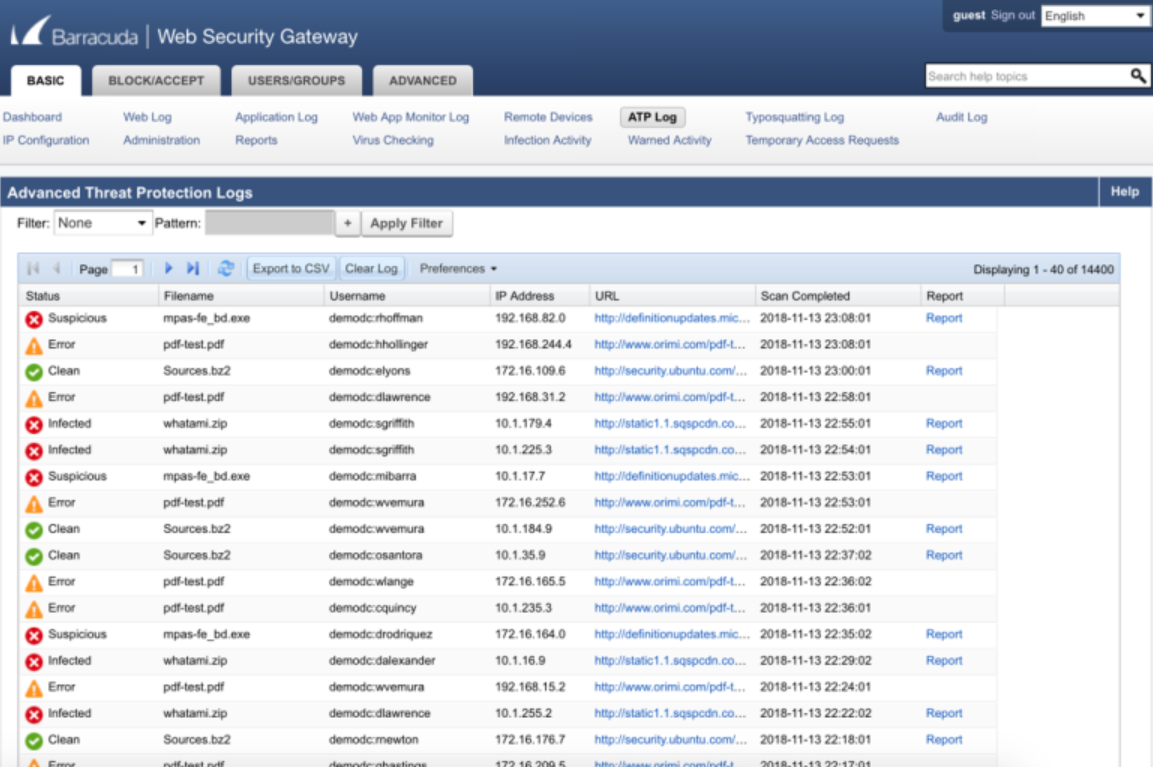 Barracuda Web Security Gateway threat protection logs