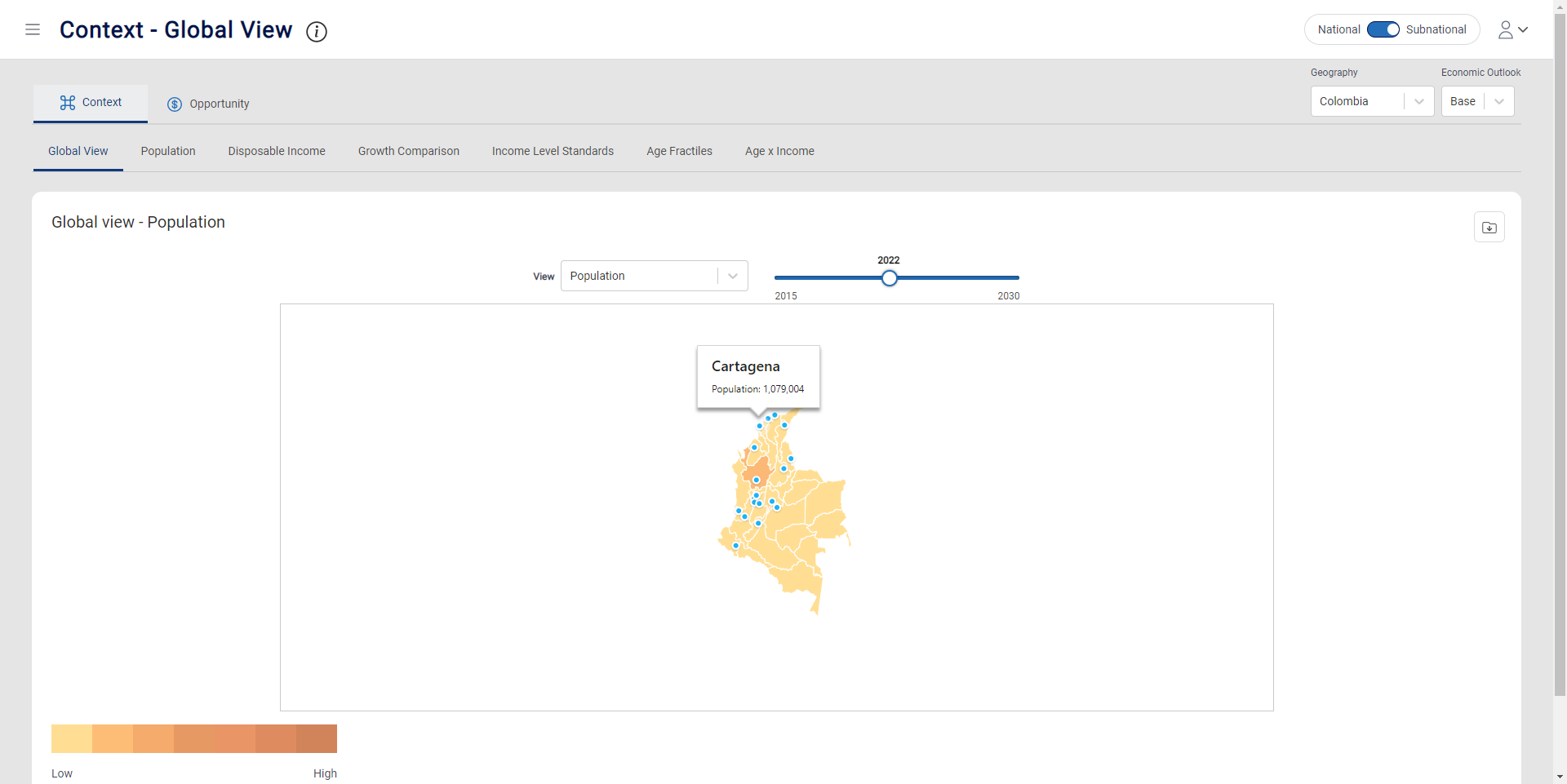 All contextual data is available at the subdivision and city level within a country.