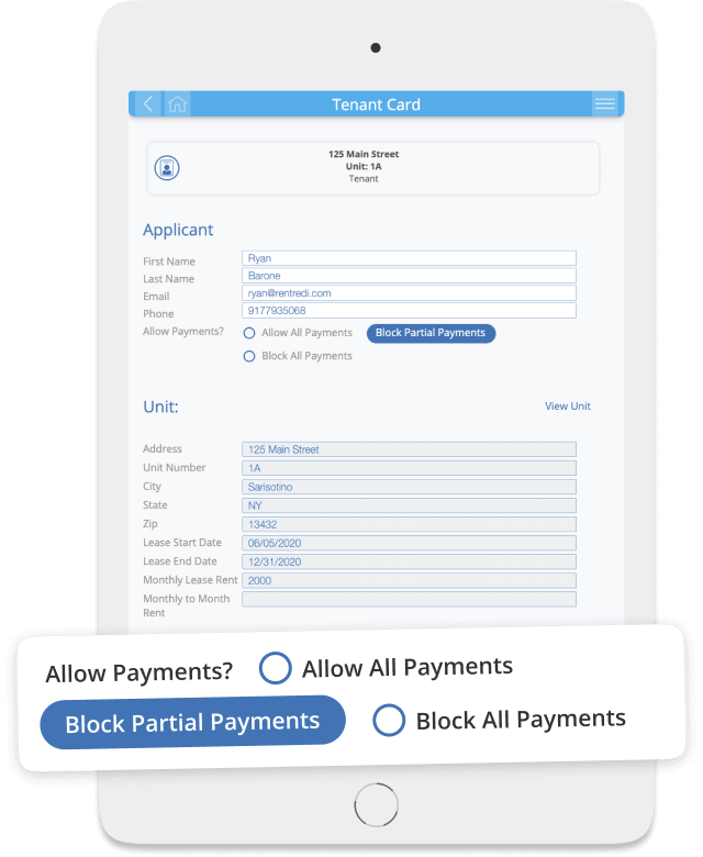 RentRedi Software - RentRedi landlords customize and control payments from their dashboard and settings, including setting up partial payments or block payments, in the case of eviction