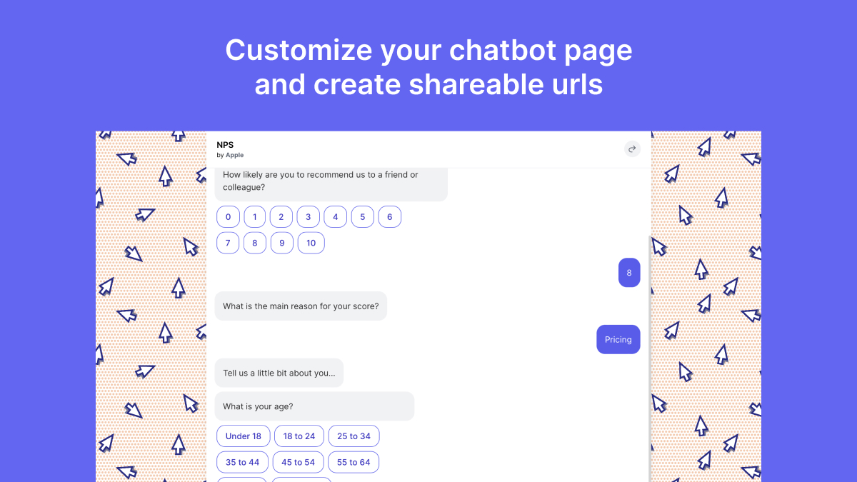 Use your chatbots as a stand-alone page, customize it, share with your audience and track engagements.