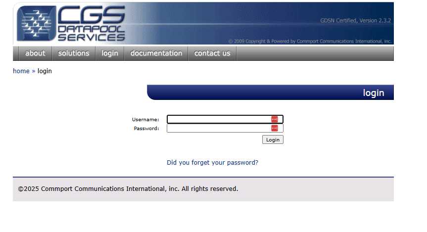Commport GDSN screenshot: Commport GDSN Datapool Login Page