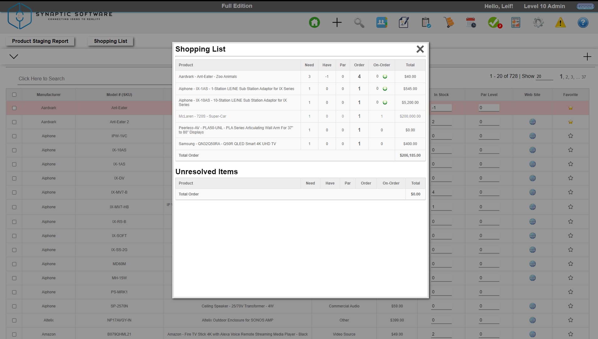 Service Toolz screenshot: Shopping List