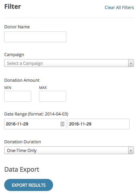 Filter and export donor data; or push donor data into a CRM with Donate.ly's API