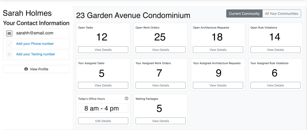 Pilera Software screenshot: Organize all of your community management tasks in one place.  See how many work orders, ACRs, tasks, and activity logs are open and assigned to you.