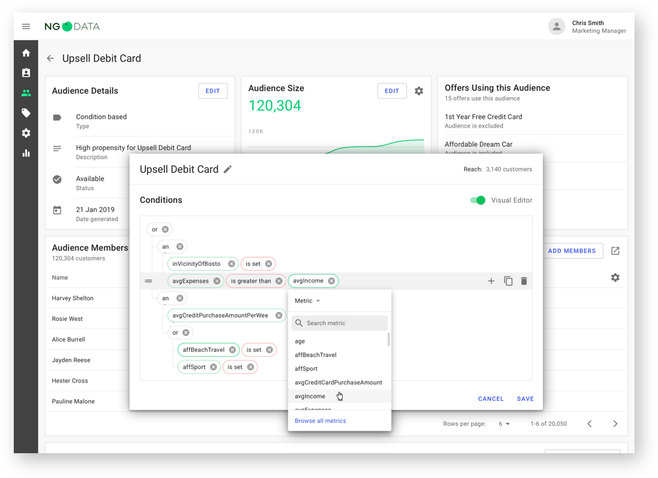 Intelligent Engagement Platform screenshot: Customer Data Platform upsell debit card