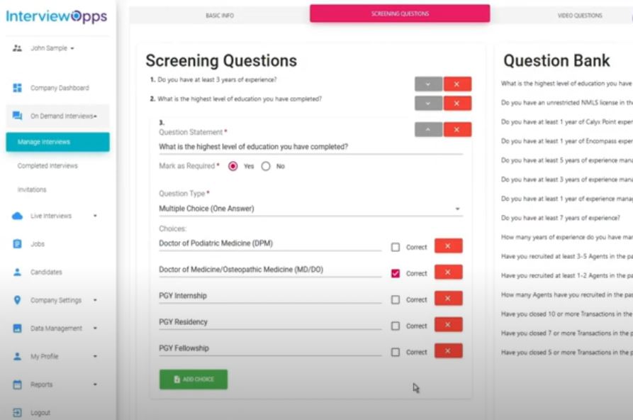 InterviewOpps screenshot: InterviewOpps screening questions