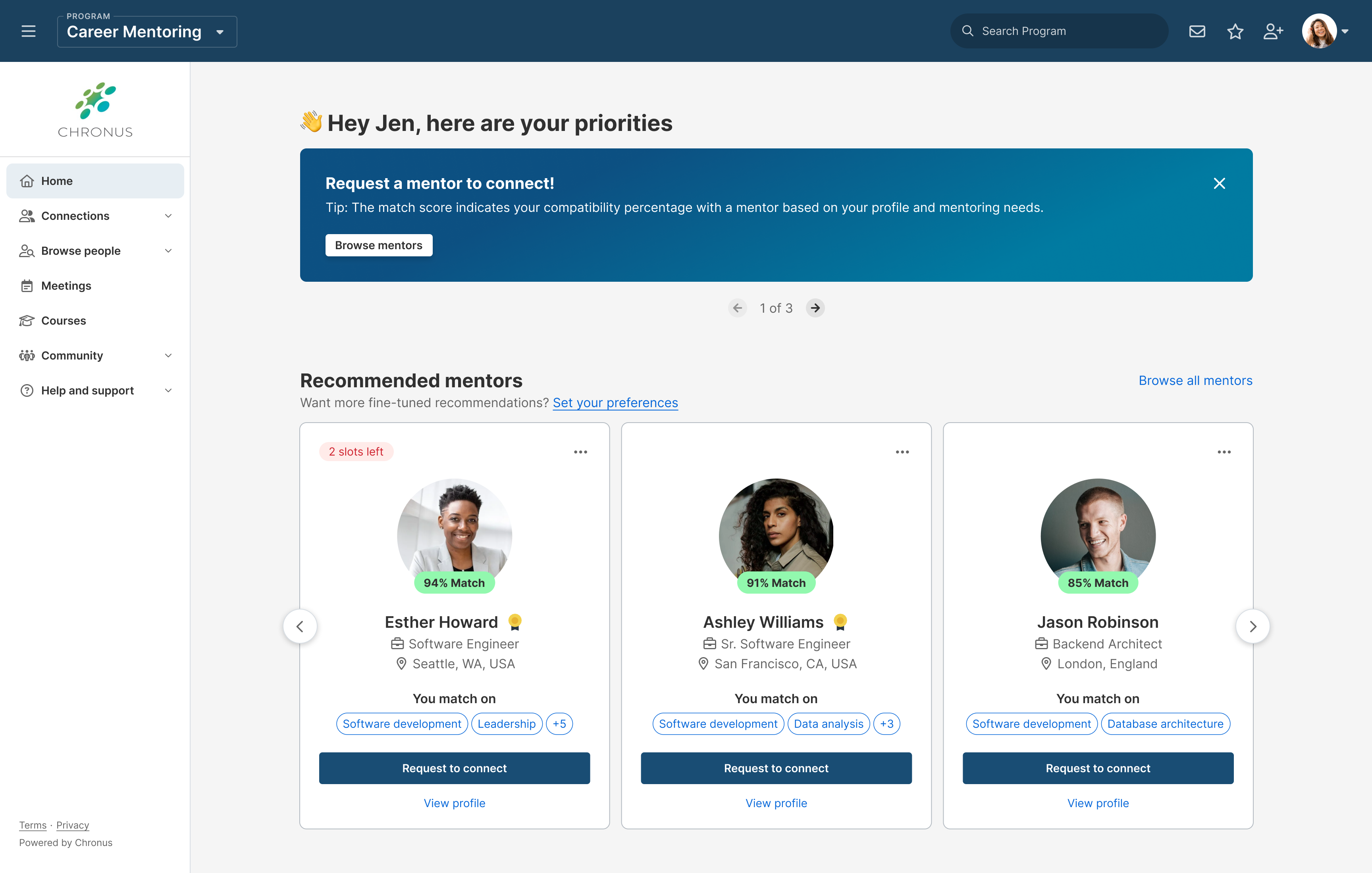 Personalized mentor recommendations based on participant profiles help increase the success rate of matches. Customize the matching criteria to meet your unique needs and objectives (skills, employee demographics, tenure, location, etc). 