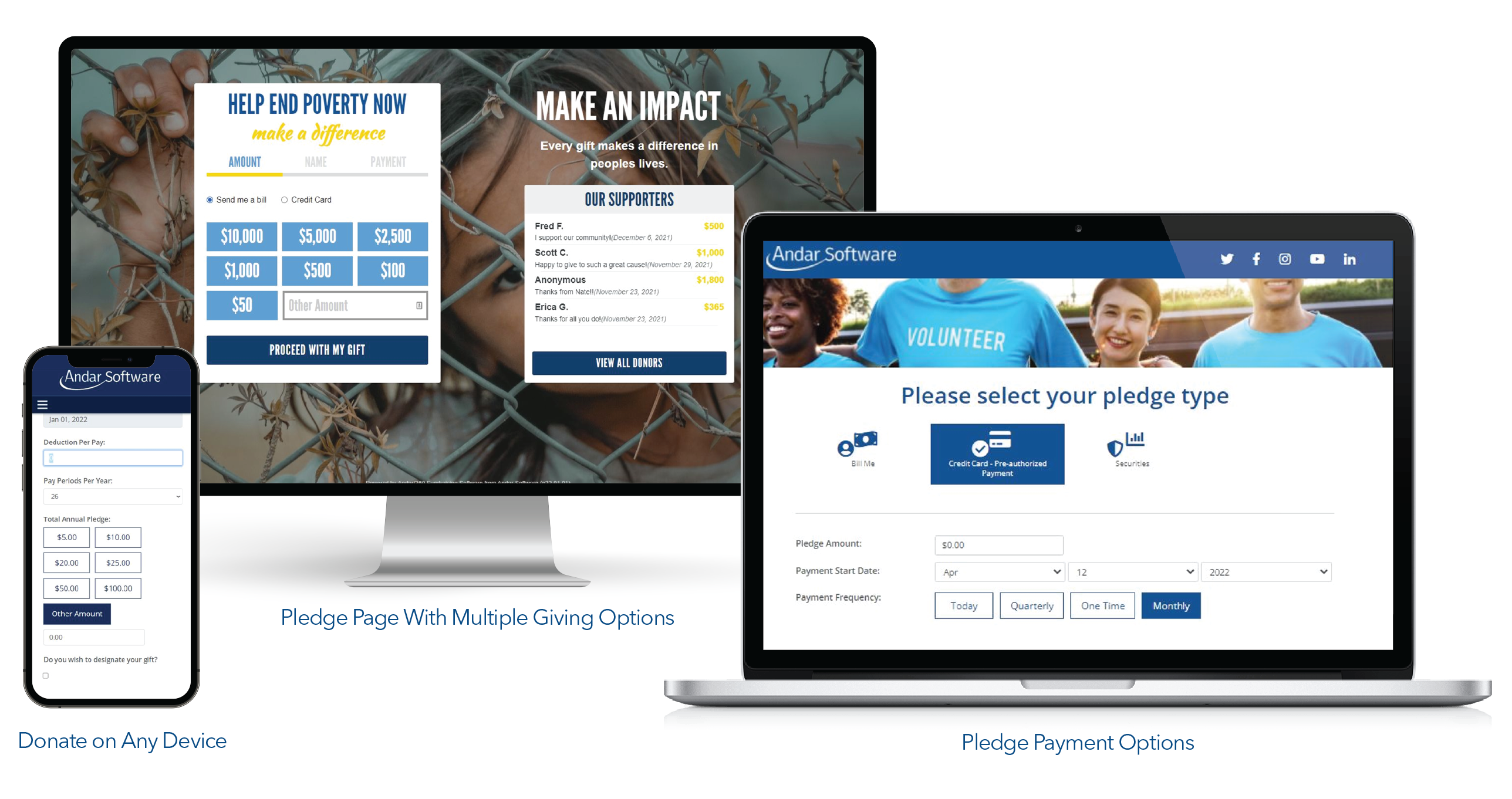 Andar/360 screenshot: Process donations online for your organization or for corporate giving with e-Pledge. Collect donations on any device. Setup pledge pages with multiple giving options. Collect pledge payments through various credit card processing partners.