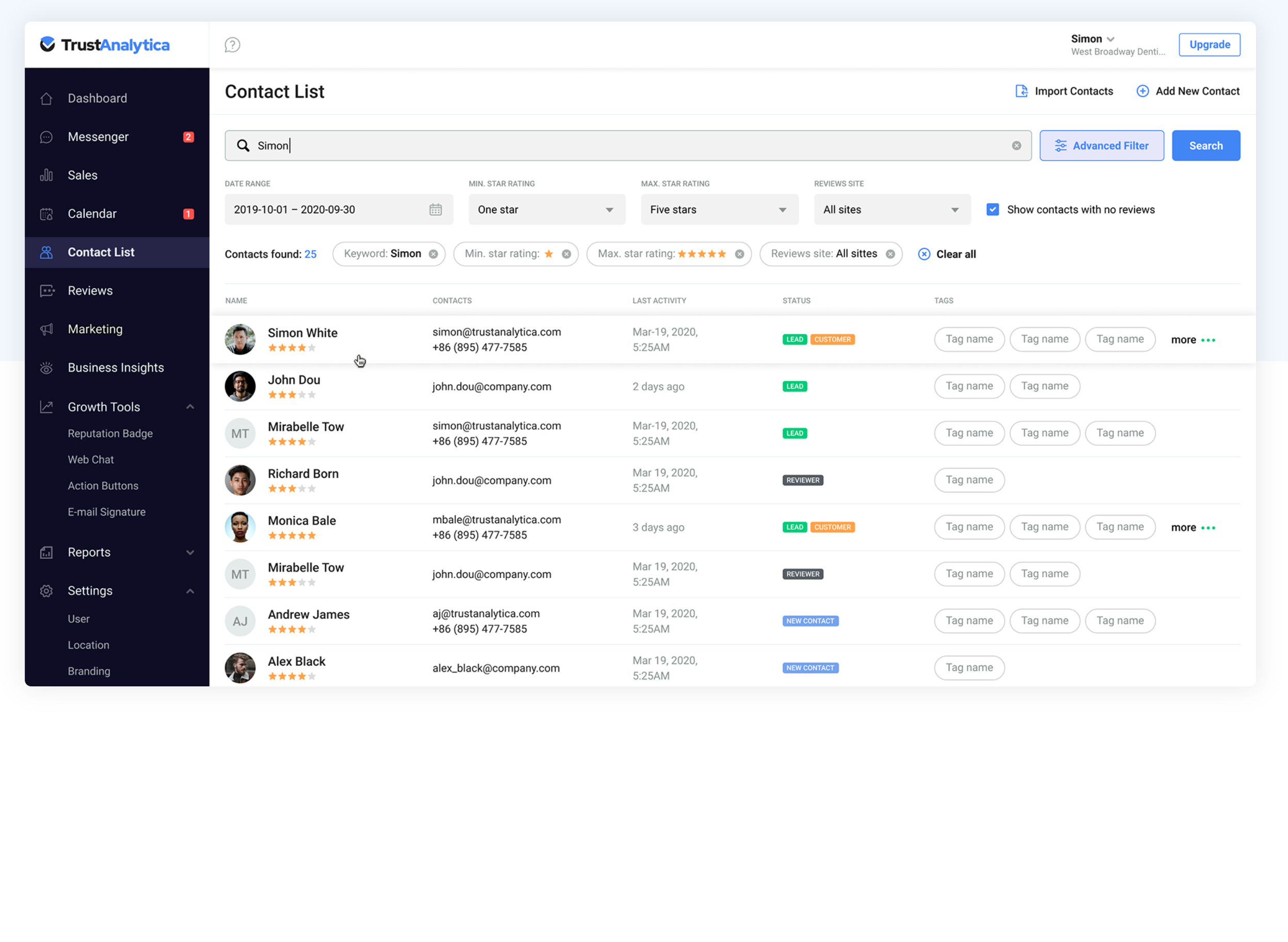 TrustAnalytica screenshot: contact list