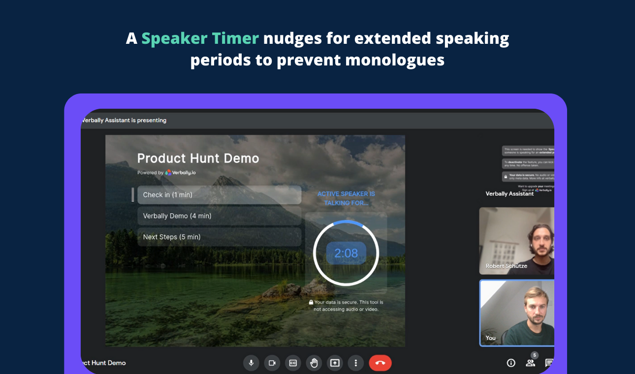 A Speaker Timer nudges for extended speaking periods to prevent monologues