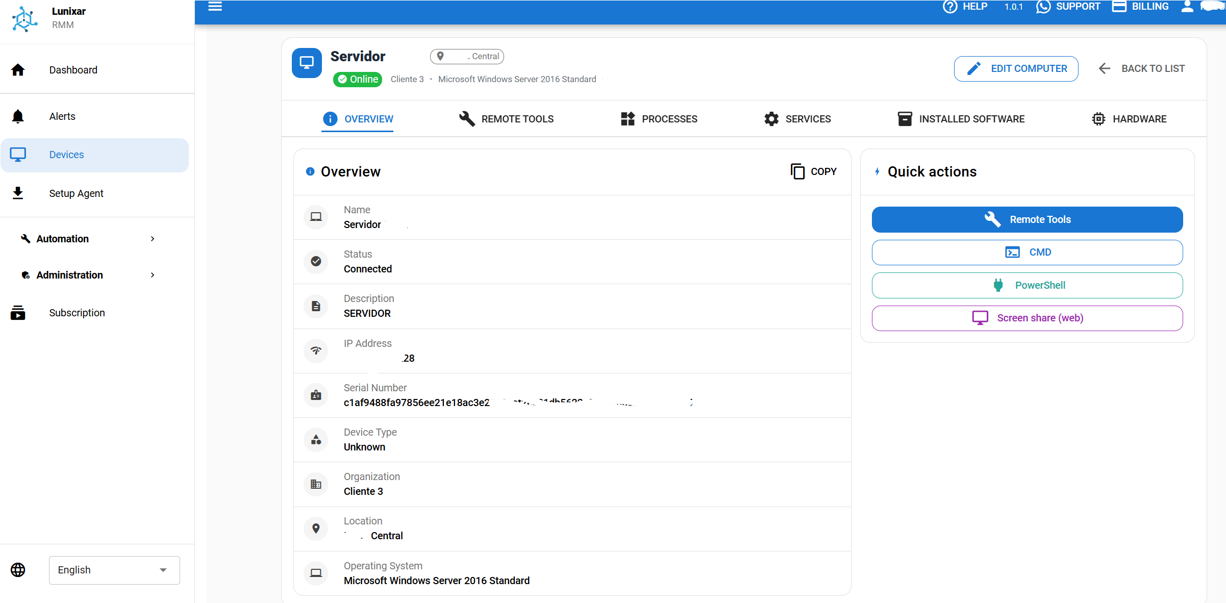 Lunixar RMM screenshot: Lunixar RMM agent details