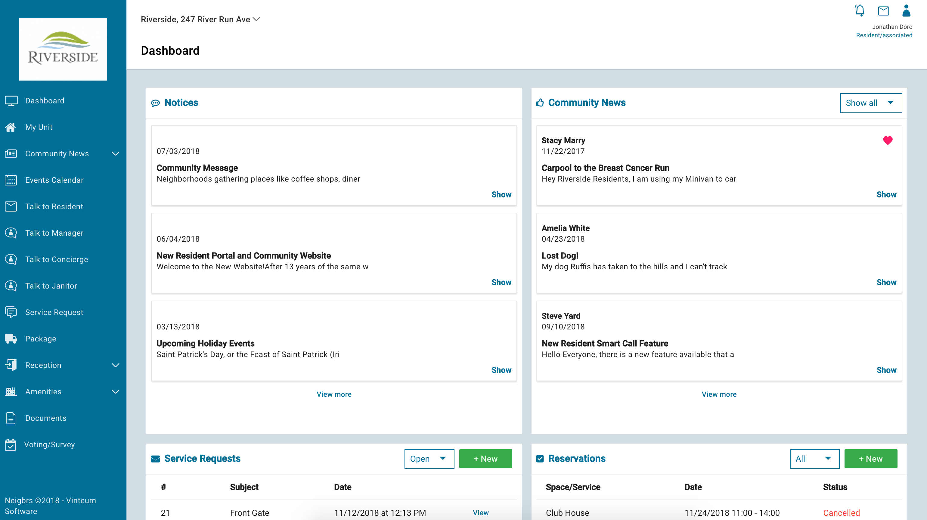 The dashboard shows an overview of notices, community news, service requests and amenity reservations
