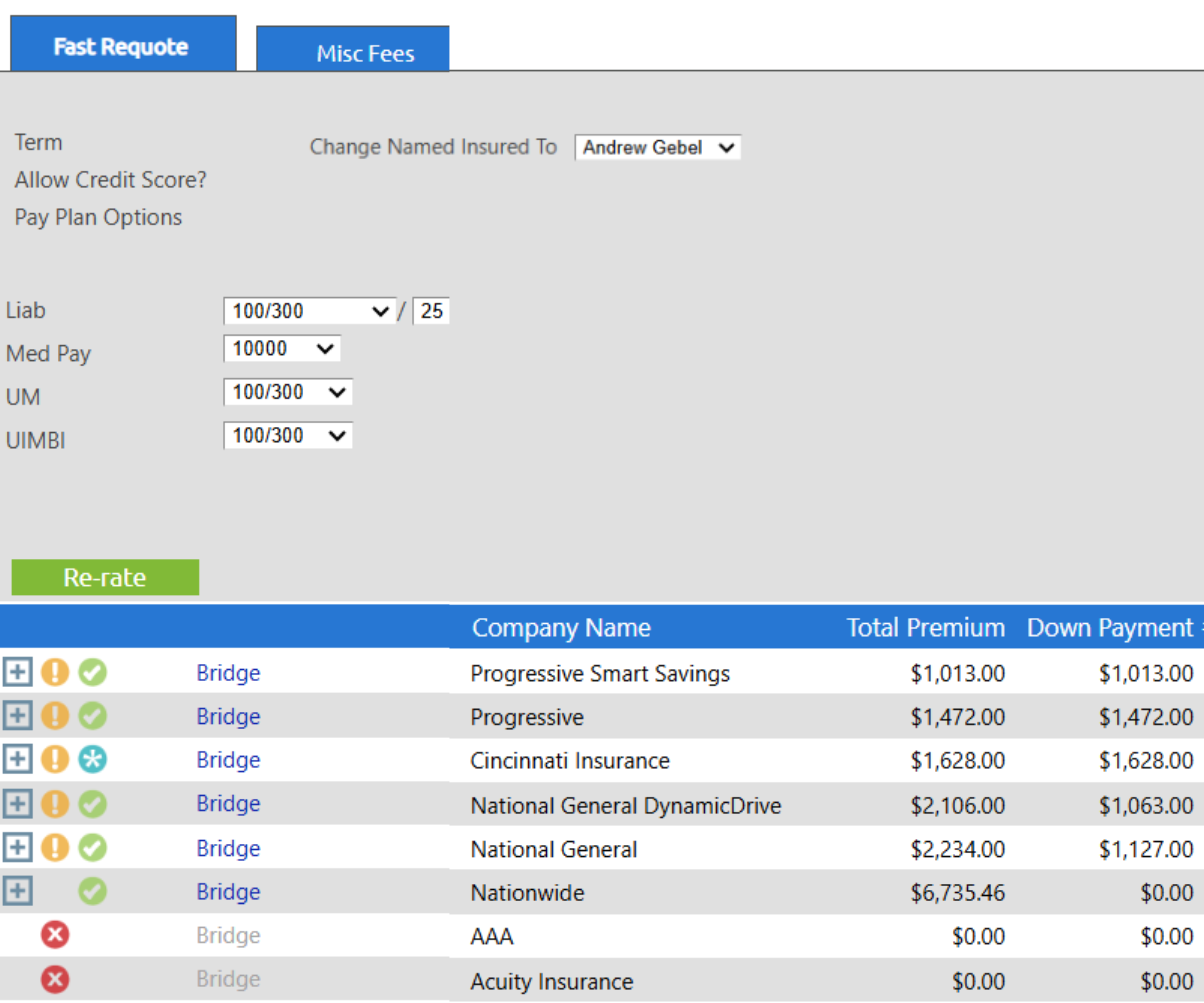 TurboRater screenshot: Single view of premium and coverage options: Enter data once and see quotes from dozens of insurers side by side for selection