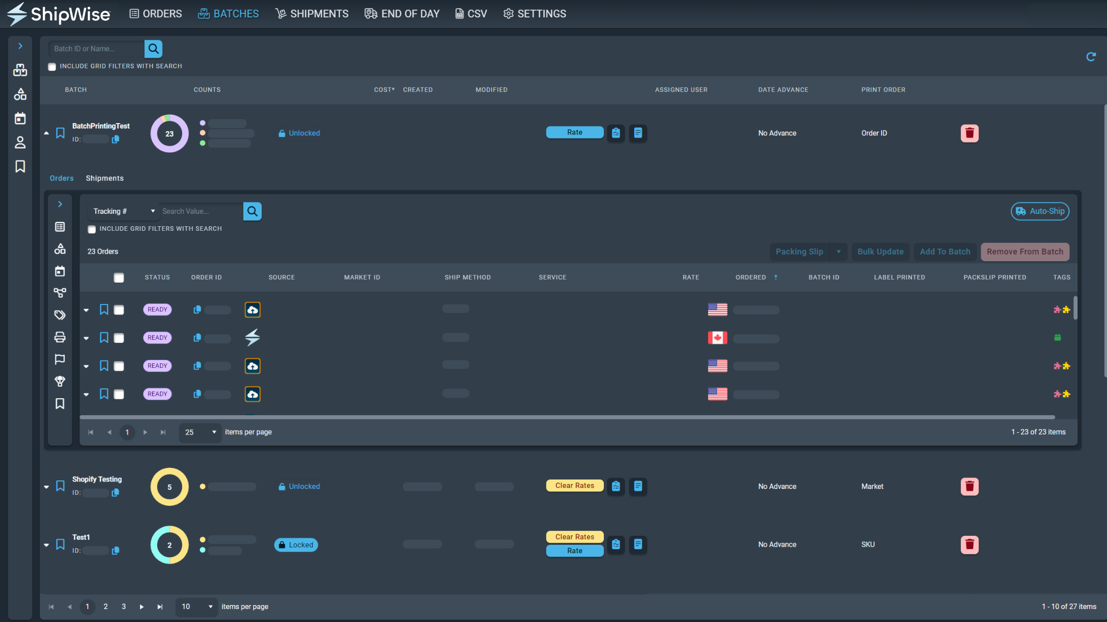 ShipWise Software - ShipWise's Batch Management feature enables efficient organization and assignment of batches, allowing you to update order details in bulk, set a printing sequence, and rate your batch in seconds.