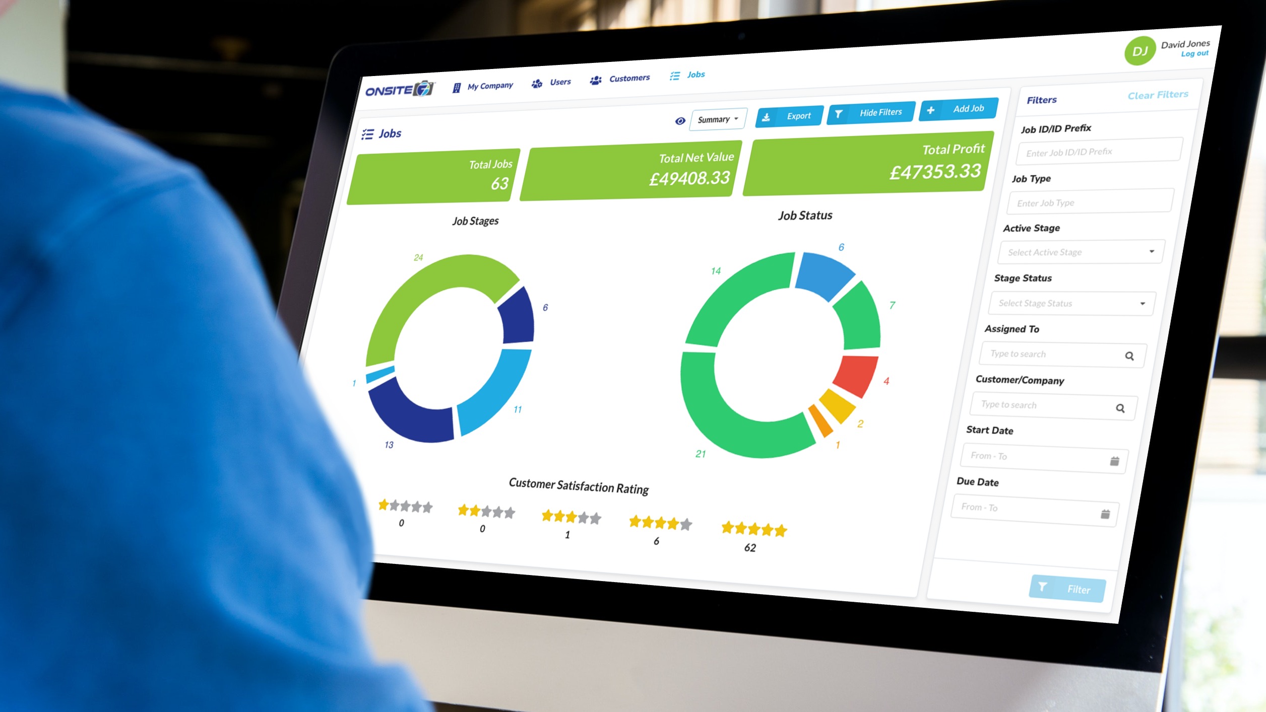 Review each stage of the companies projects, profit reports, customer satisfaction reviews, profit reports and more with one simple to use dashboard