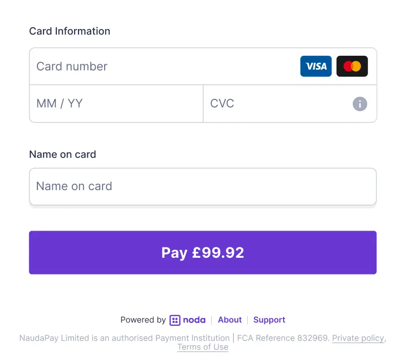 Noda screenshot: Noda payment via credit card