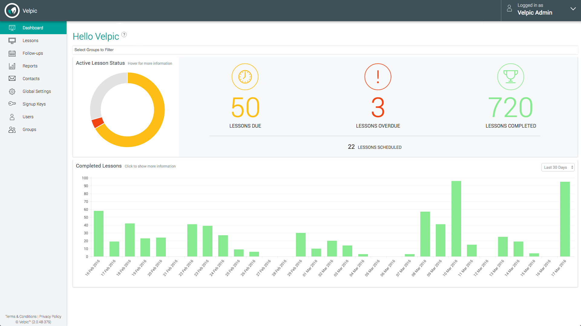Velpic Software - Track lesson statuses and send automated reminders for overdue ones. Capture answers to tests and quizzes. Export data for future planning, and keep all training and induction records always online in one eLearning system for easier industry compliance.