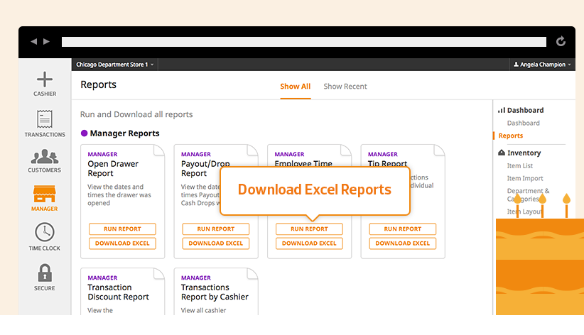 Cashier Live Software - View recent reports & download Excel reports