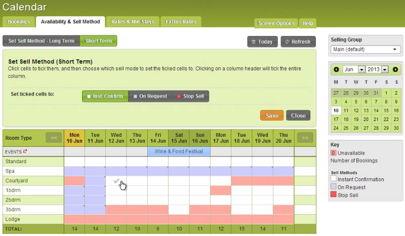 iBex PMS Software - An Availability & Sell Method tab within the Calendar view shows the setting options for defining short term sell methods and cell ticking