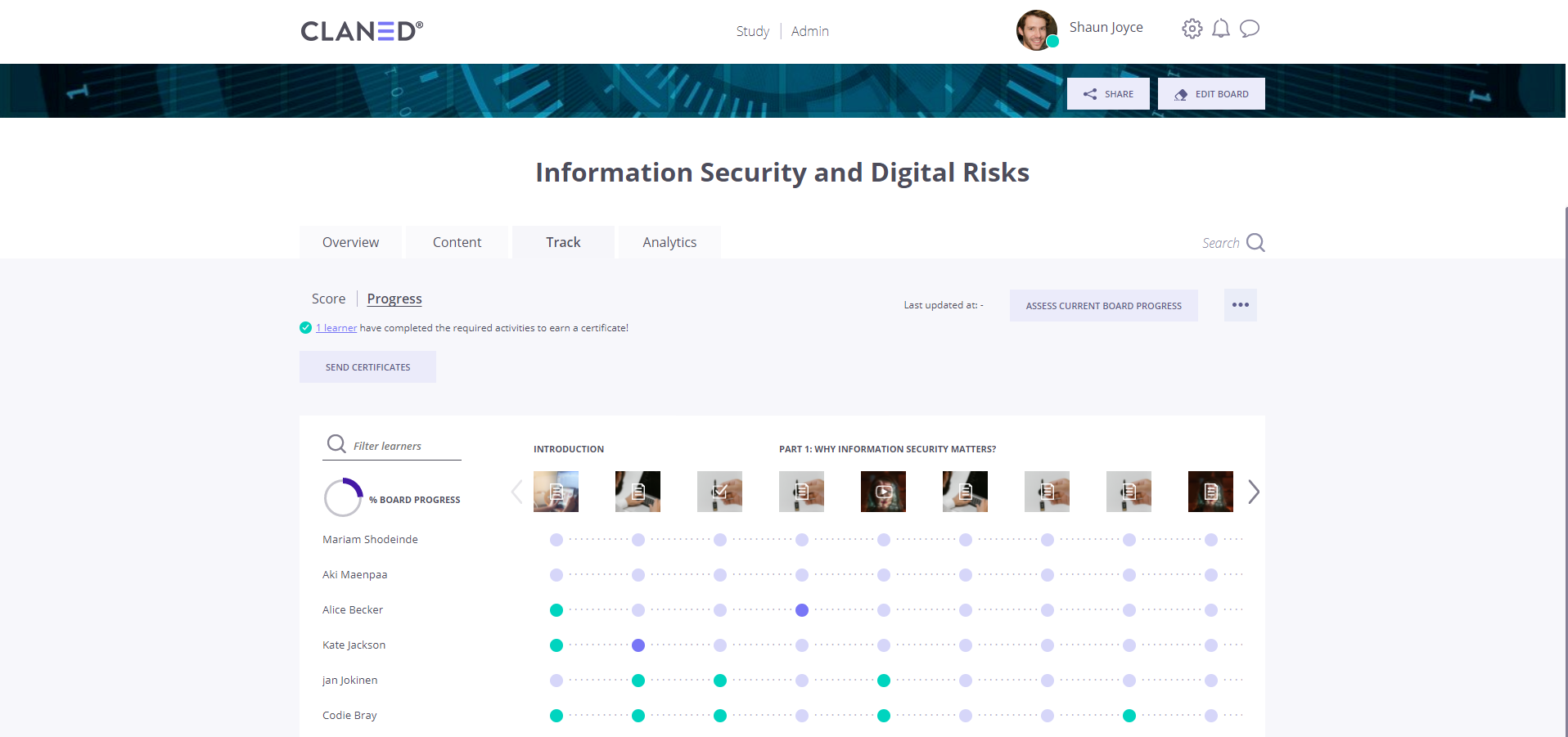 Claned Software - Instructors can easily track learner progression, and learners can track their own progression too.