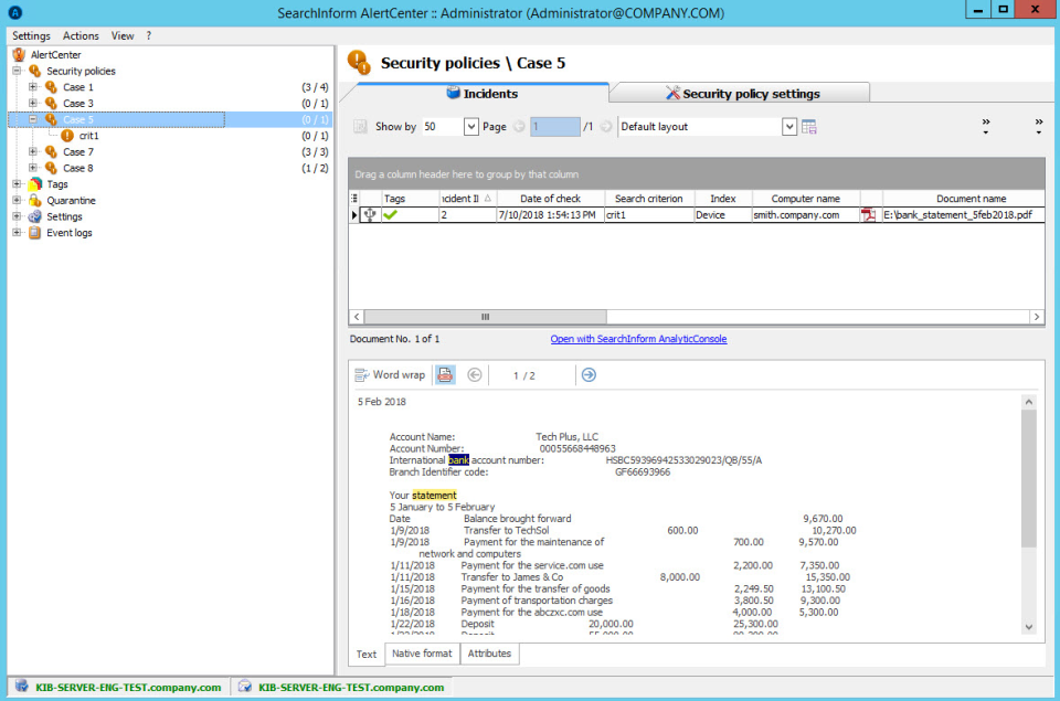 SearchInform Risk Monitor alert center security policies