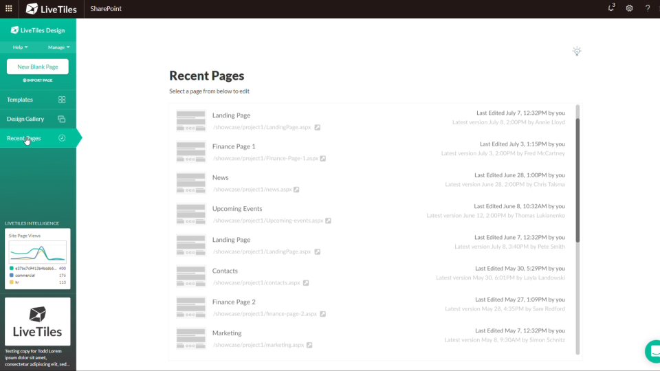 LiveTiles recent pages screenshot