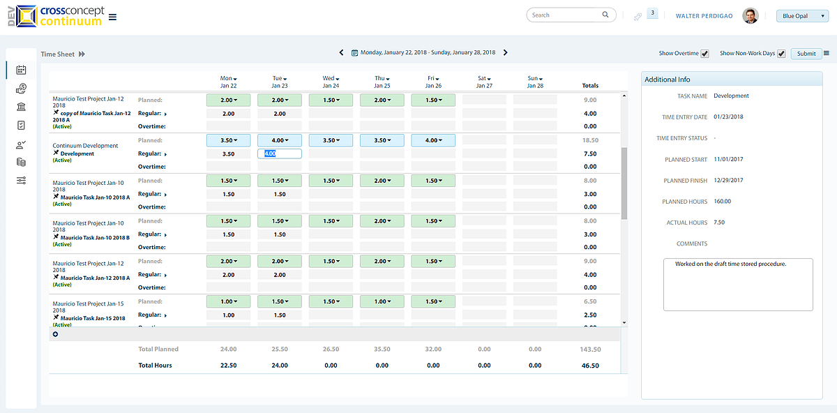 CrossConcept Continuum PSA screenshot: Timesheet are used to track hours by employee, task, project, or team
